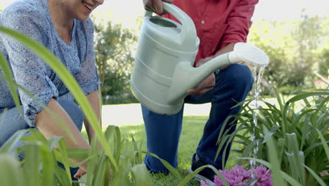 Happy-senior-diverse-couple-gardening,-watering-plants-in-sunny-garden,-slow-motion