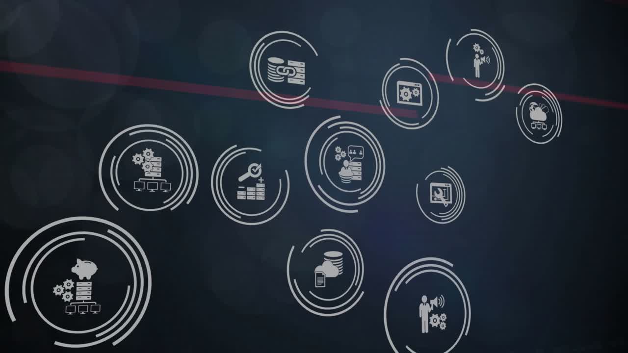 Animation of business icons over data processing on black background