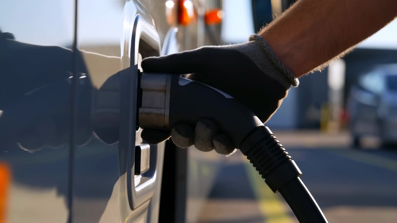 Close-up van een gehandschoende hand die een laadconnector voor elektrische voertuigen insteekt in een verzonken ronde zijpoort op een witte auto, met schone lak, metalen reflecties, warm daglicht, zachte schaduwen en