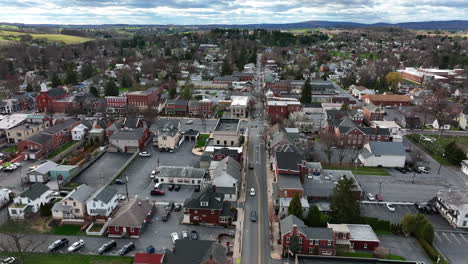 wide high aerial of homes in small town america