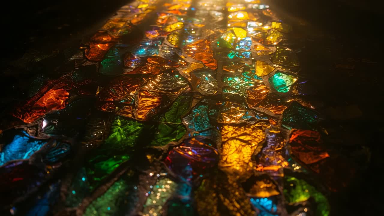 Beam of warm light entering on dark floor, revealing shimmering hues of colored glass shards
