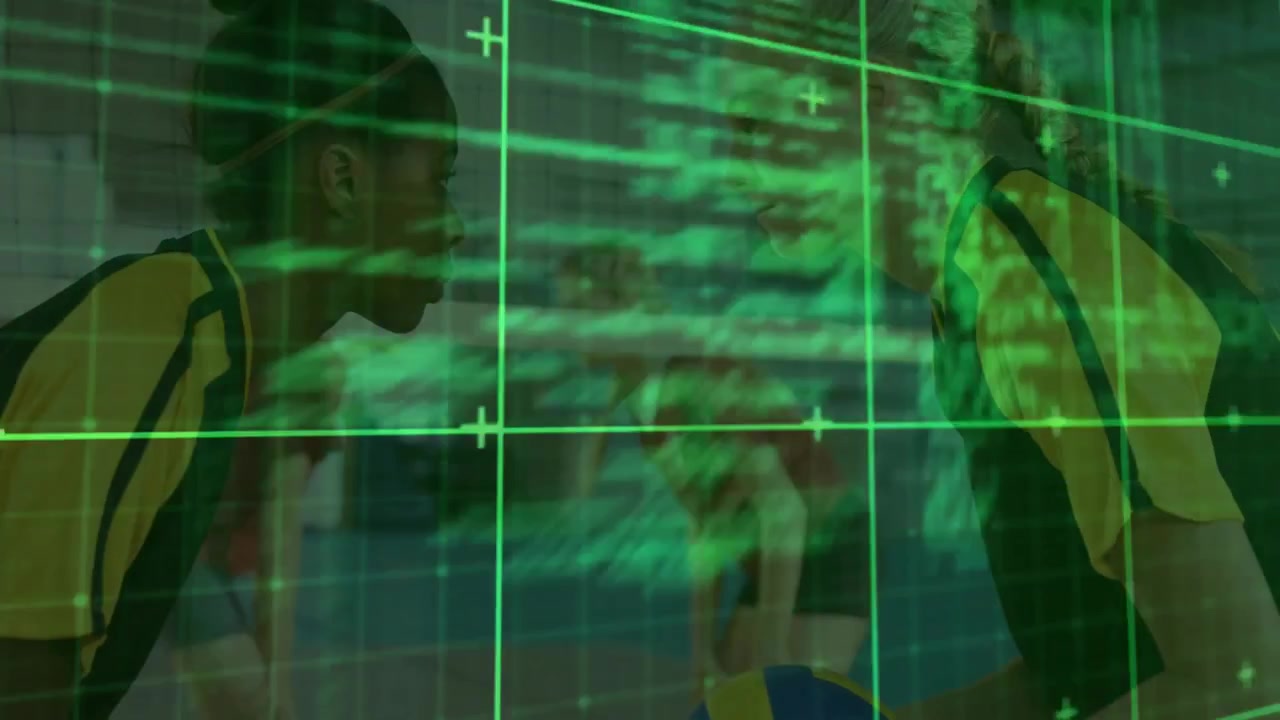 Preparing for competition, athletes training with digital grid overlay in gym