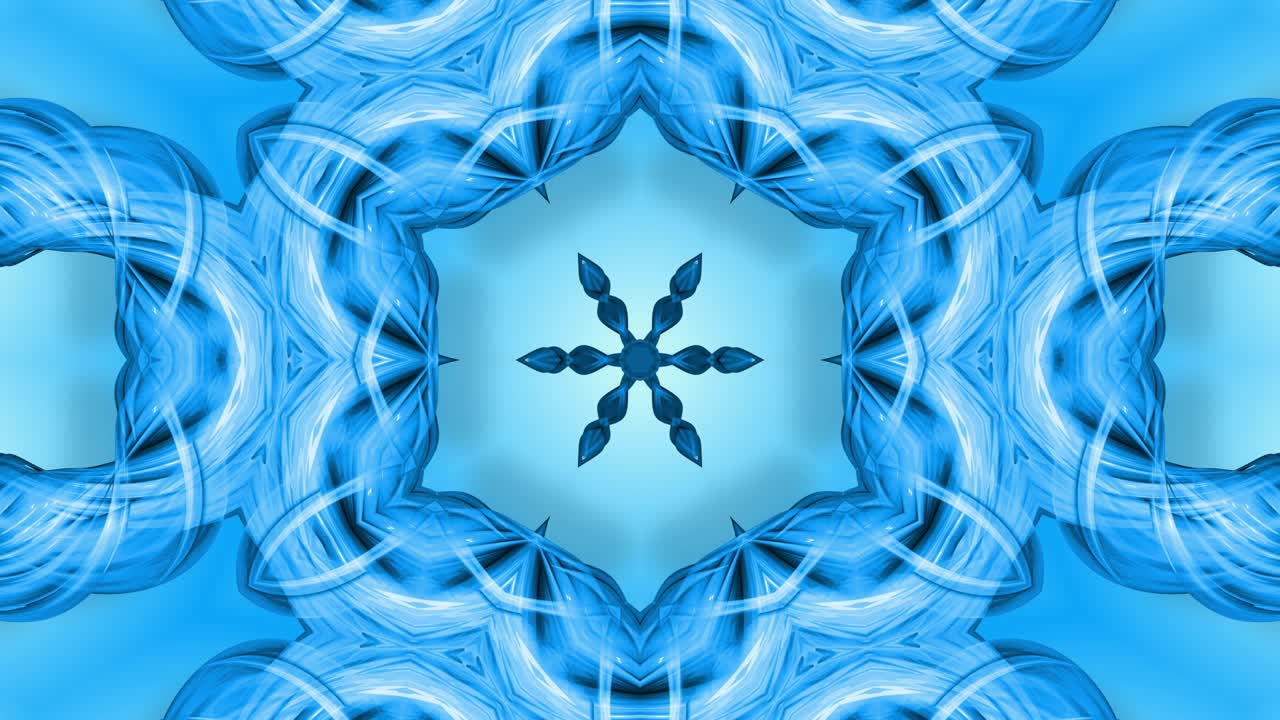 animación en bucle 3d, un fondo abstracto con cintas azules girando y formando estrellas o copos de nieve como con un efecto caleidoscópico. 4k imágenes sin costuras con luma matte como canal alfa. 12