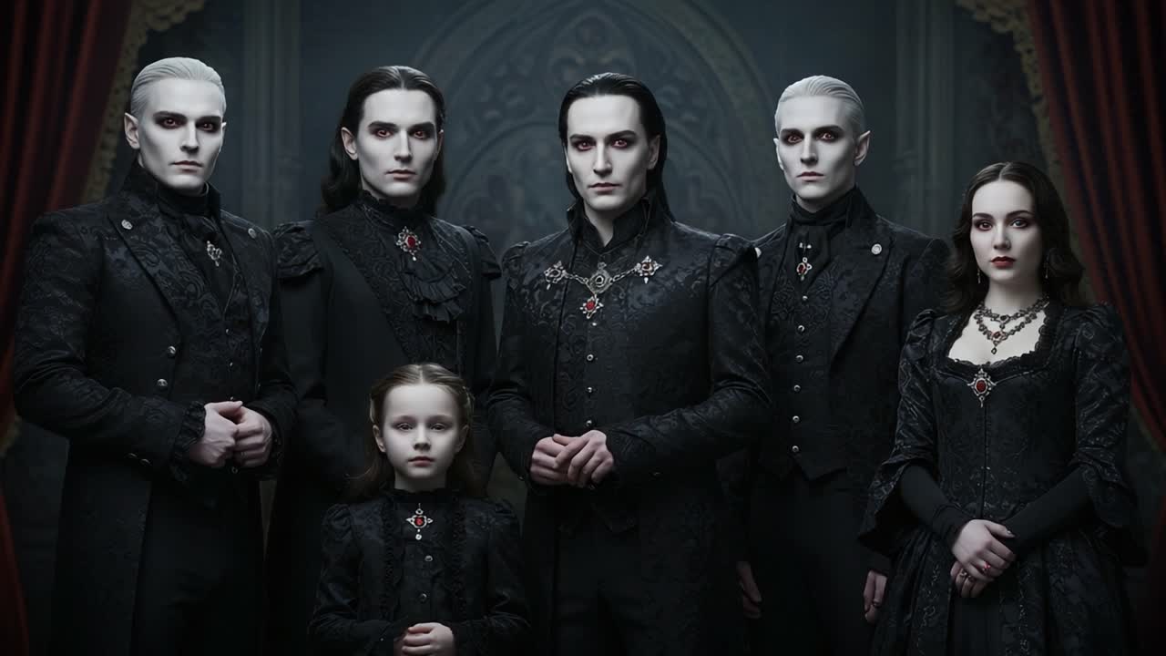 An Enigmatic Gathering of Pale Figures Adorned in Dark Victorian Attire, Showcasing Haunting Elegance with Intricate Details and Captivating Expressions in a Mysterious Setting
