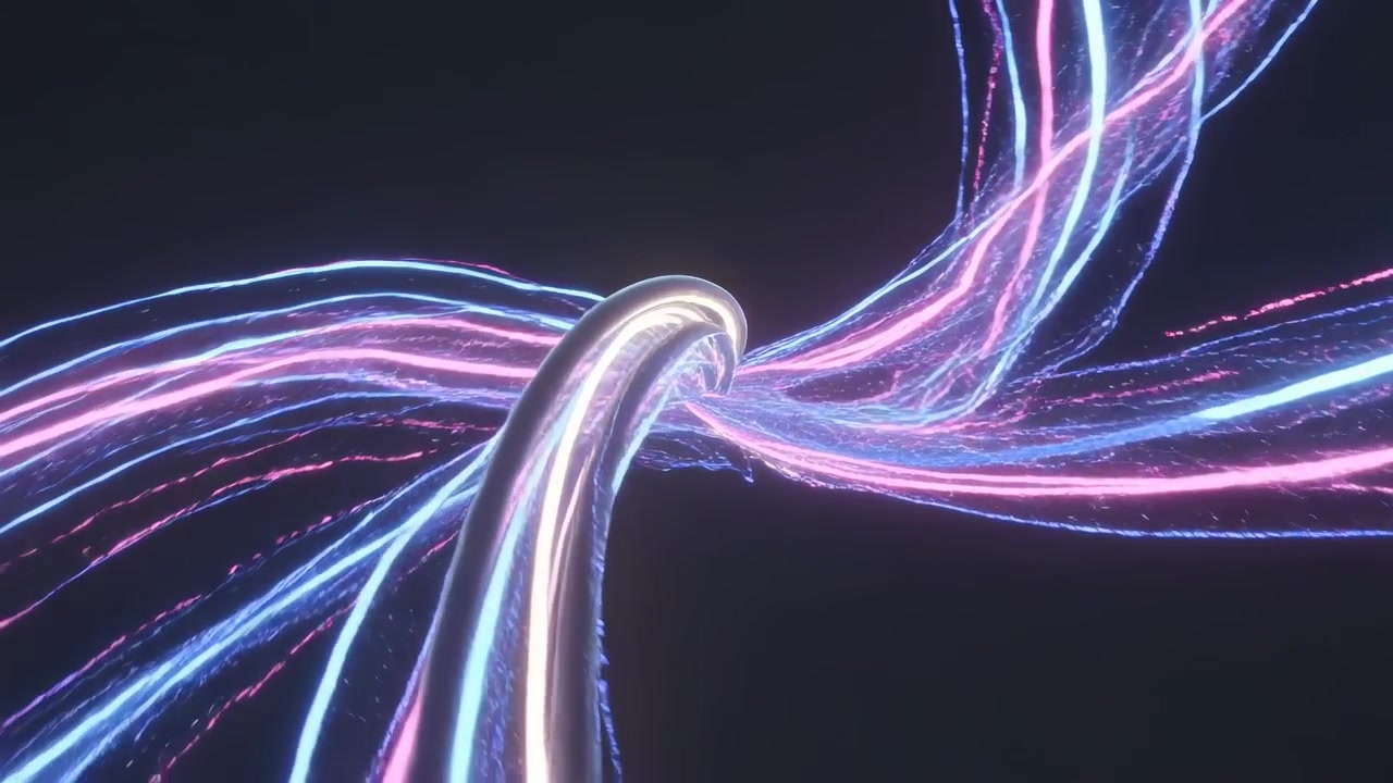 Strands nearing center converging neon ribbons and metal tube twisting in black void braiding knot