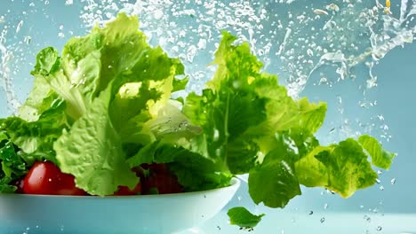 a bowl of salad with tomatoes and lettuce splashing out of it