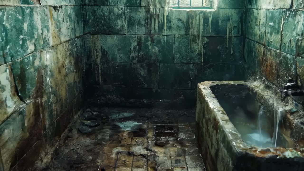 un baño sucio con una bañera en el medio