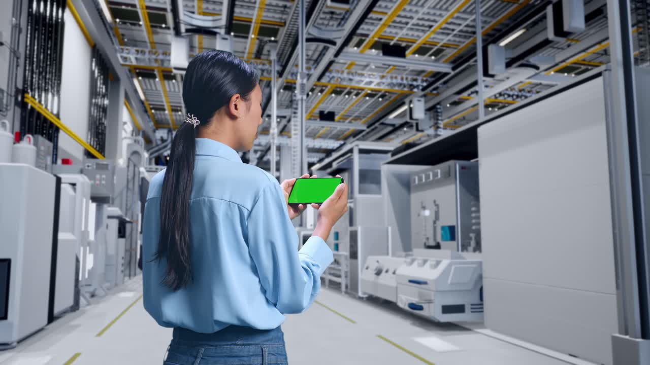 mujer inspeccionando equipos de fábrica con un teléfono inteligente