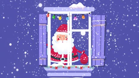 Animation-Von-Schnee,-Der-über-Das-Fenster-Fällt,-Mit-Weihnachtsmann