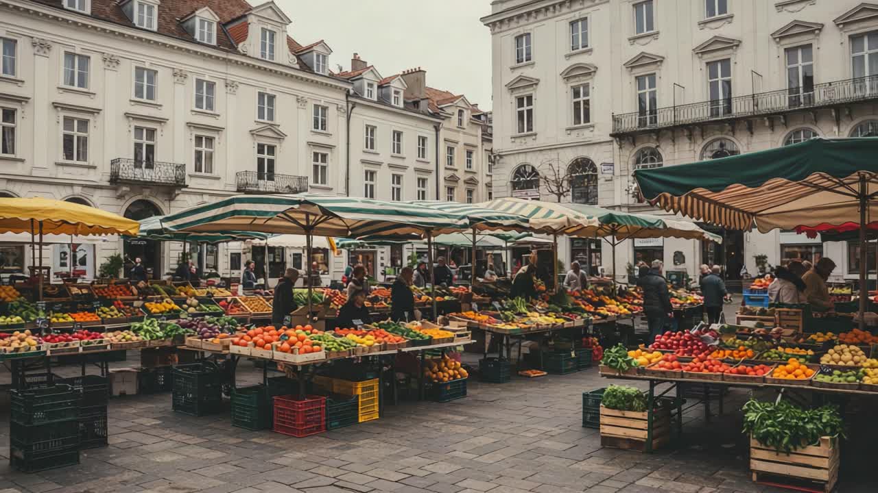 Vibrant Marketplace Scene with Fresh Produce Stalls in an Urban Square, Showcasing a Colorful Array of Fruits and Vegetables Amidst Historic Architecture