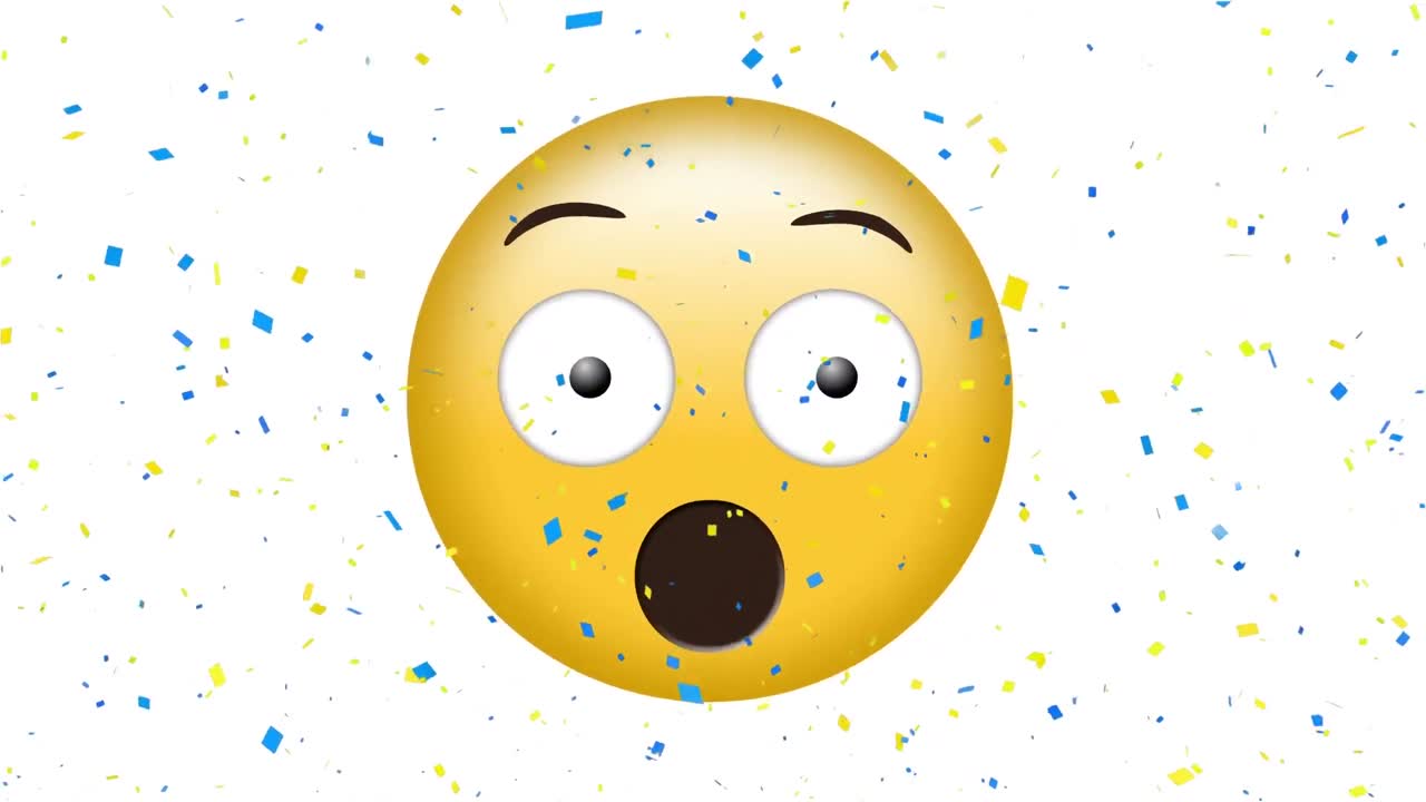 animación del icono emoji asustado sobre el confeti que cae sobre un fondo blanco