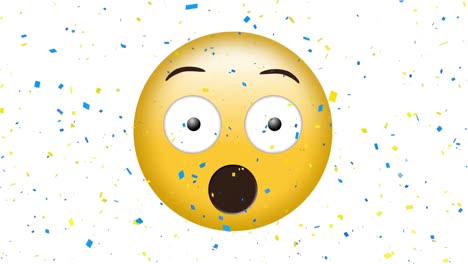 Animation-of-scared-emoji-icon-over-falling-confetti-on-white-background