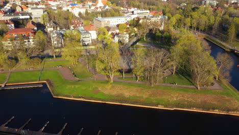 pärnu valli park stage in estonia in aerial dolly in view on golden hour