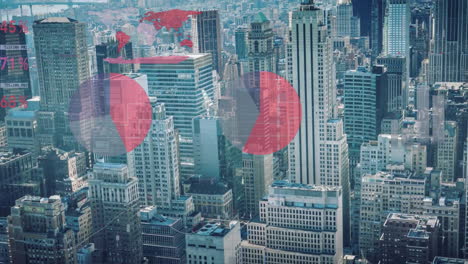 animation of charts processing data over modern cityscape