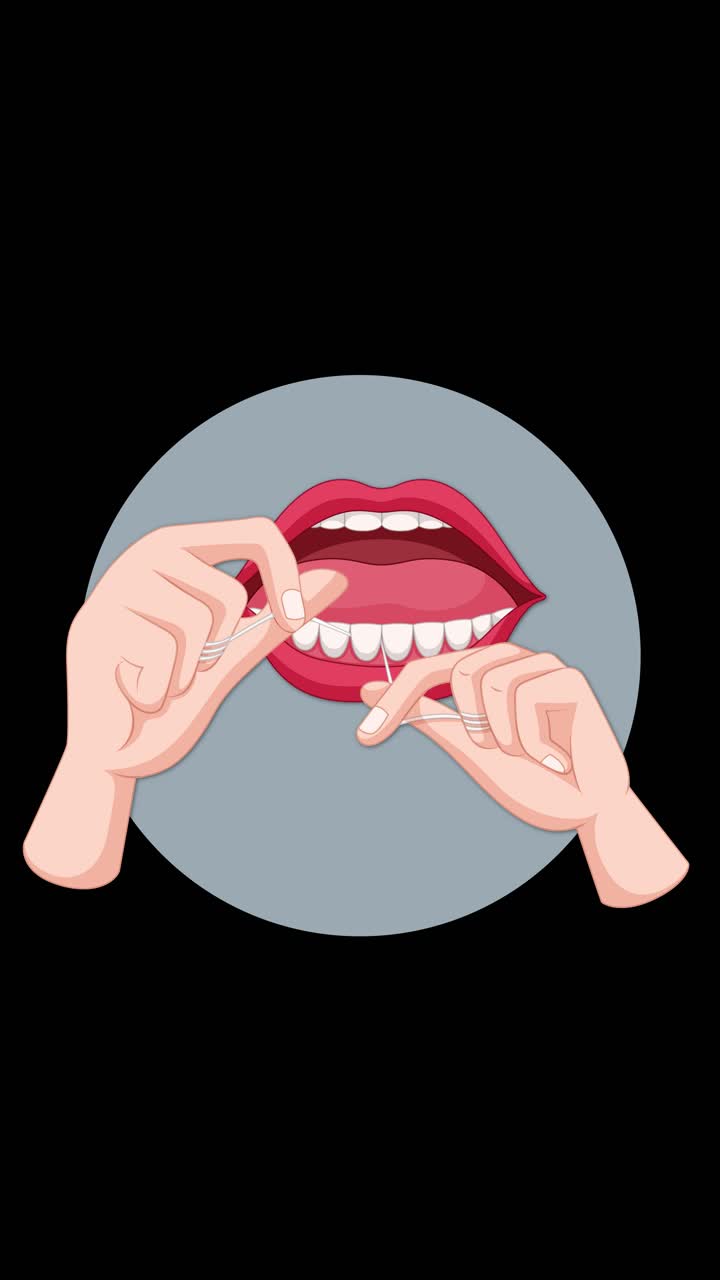 Vector animation demonstrates hands flossing between teeth in an open mouth, with smooth, repetitive hand movements on a dark background and circular frame