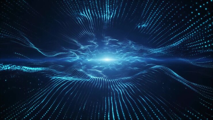Sfondo astratto con movimento di onde di particelle digitali blu