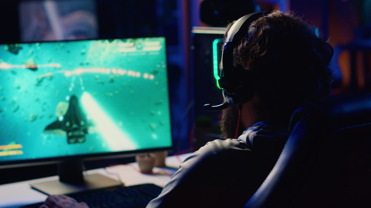 Gamer destroying enemy spacecrafts, trying to finish level in science fiction flying game