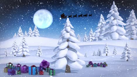 Animation-of-santa-claus-in-sleigh-with-reindeer-over-christmas-presents,-snow-falling-and-moon
