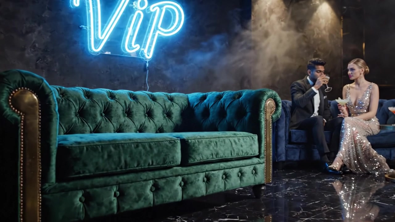 VIP-lounge-ympäristö, jossa on tyylikäs vihreä samettisohva neonvalaistuksen alla, luoden lumoavan tunnelman seurustelutilaisuuksiin ja erikoistapahtumiin.