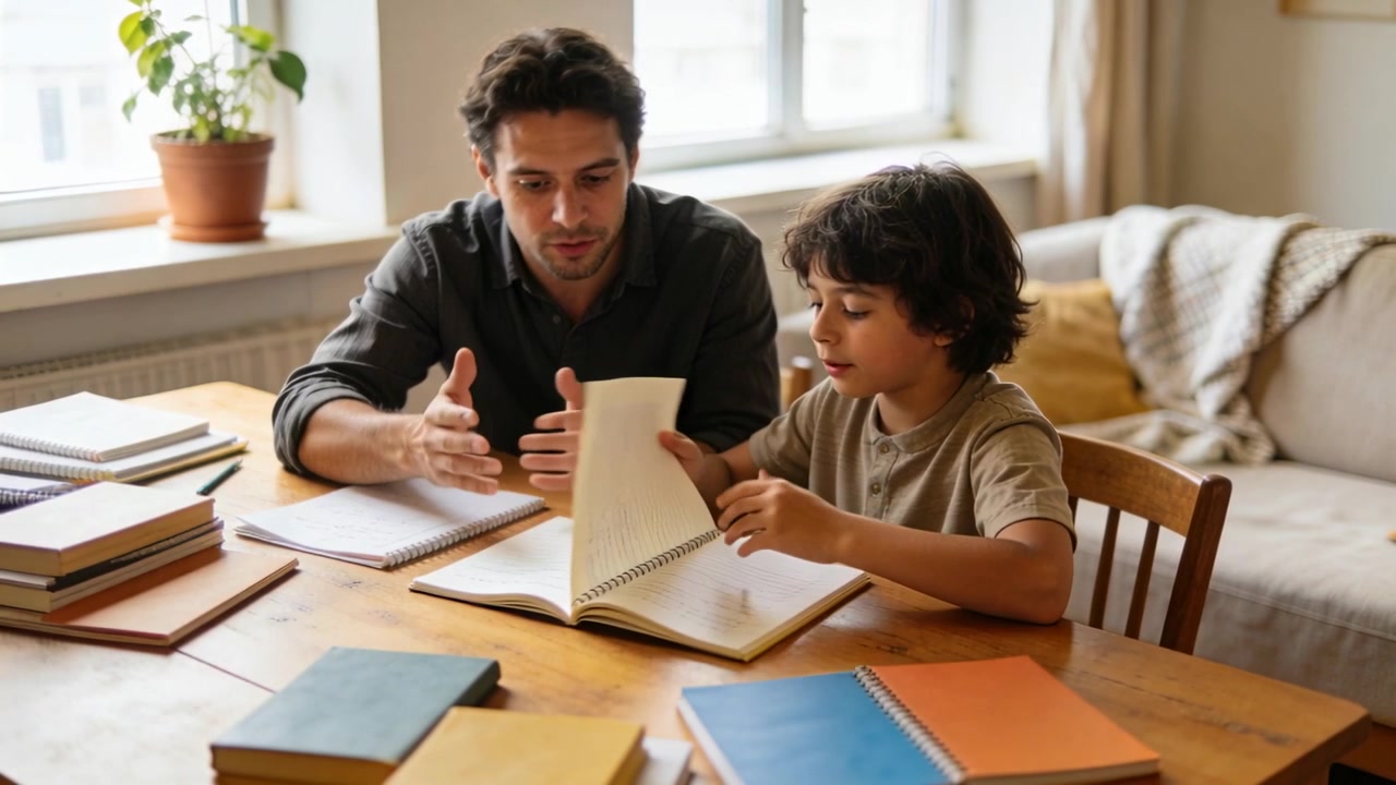 Opening spiral notebook, adult male wearing dark shirt, boy in beige tee guiding homework at home