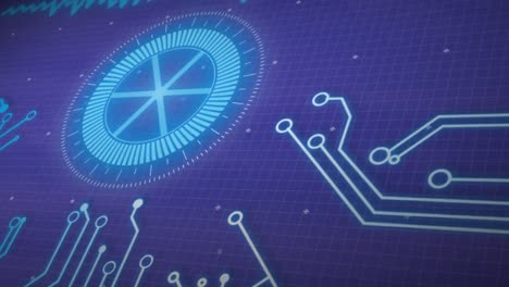 animation of round scanner, data processing and microprocessor connections on blue background