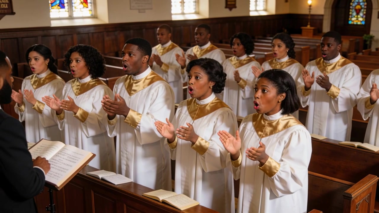Singing choir in white-gold robes under conductor cueing score in church performing hymn, clapping