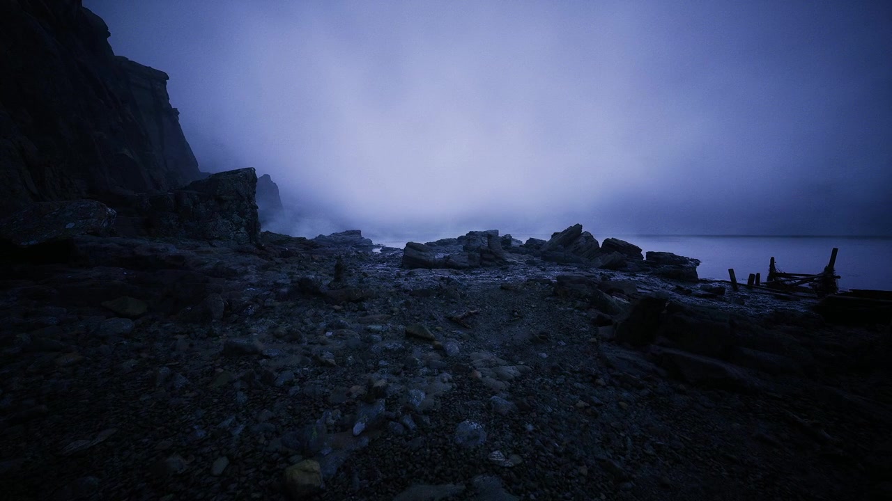 Dusk paints rugged coast with muted blue hues and distant horizon