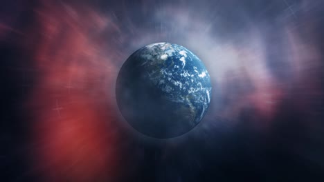 cinematic planet earth title background concept. space view of illuminated blue planet earth with flash flare light and smoke, cinematic atmosphere abstract bg for sci-fi, technology and astronomy.