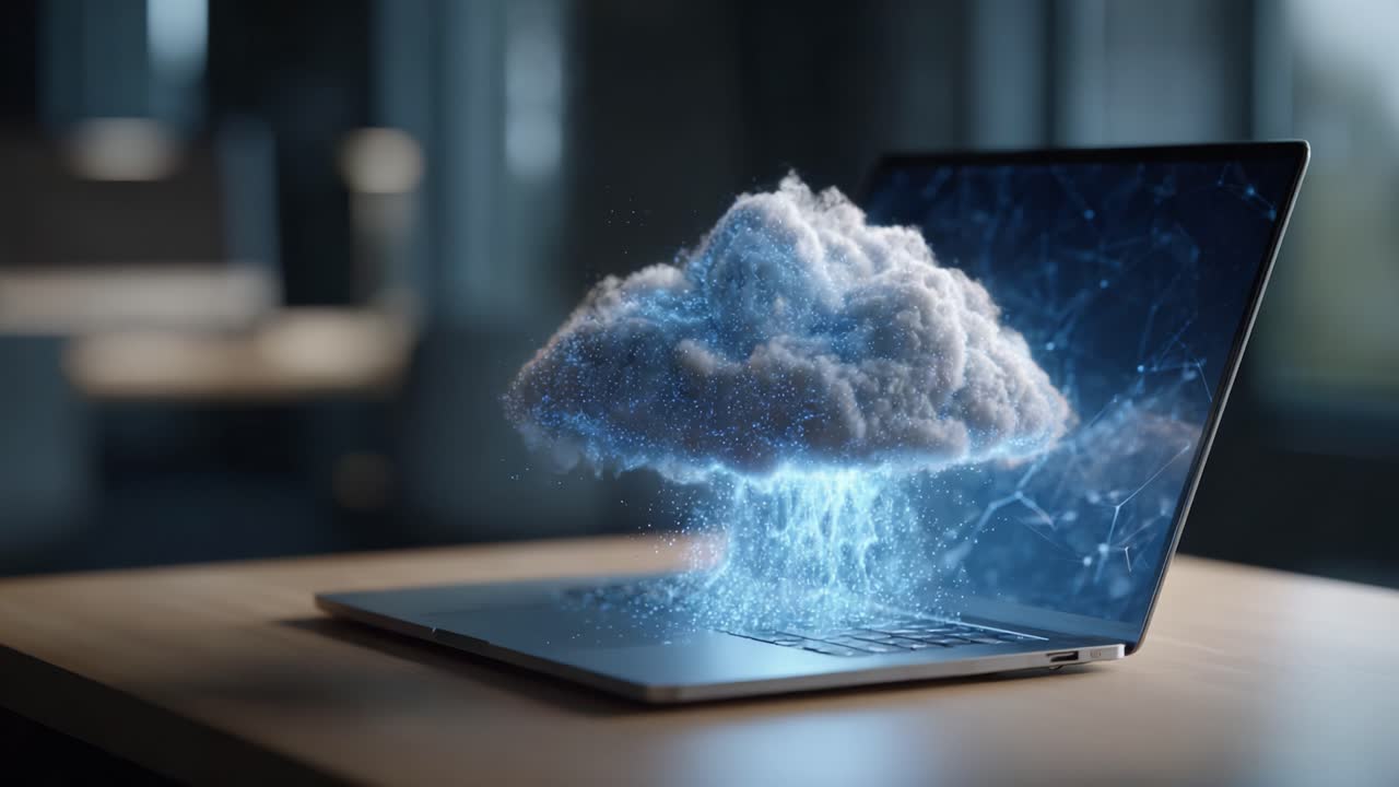A Creative Visualization of Cloud Computing: An Artistic Representation of Digital Data Flowing from a Laptop, Combining Technology and Imagination in a Modern Workspace