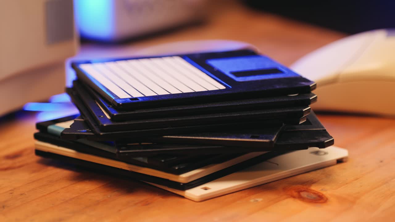 Using diskette for old computer. Music recorder, playing retro computer games. Vintage device for office, obsolete technology. . High quality 4k footage