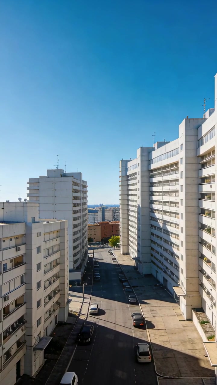 Vídeo vertical: Câmera panorâmica de varanda revelando rua com edifícios brancos, carros estacionados e o mar ao fundo.