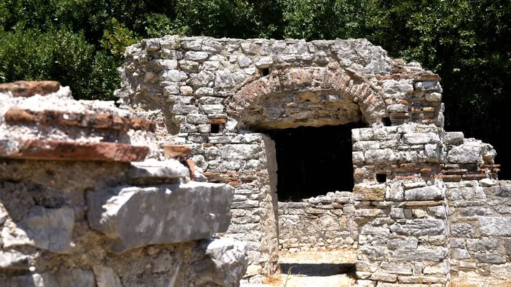 Butrint, Albania, view of a stone arch and window, elements of the ruins of an ancient building