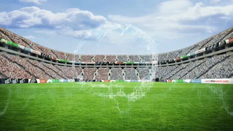 soccer stadium with digital globe animation over green field and stands