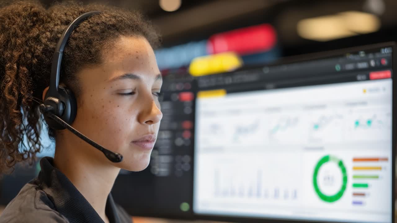 Focused Professional Engaging with Data Analysis in a High-Tech Environment, Showcasing Advanced Monitoring Techniques and Effective Communication Skills