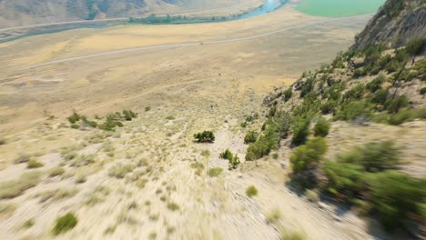 drone fpv rápido volando por la colina de la montaña del valle del río seco con pinos