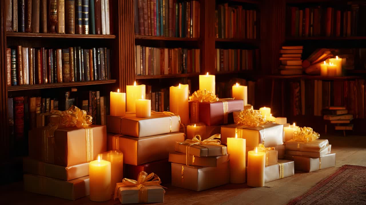 Eine gemütliche und einladende Szene einer warmen Bibliothek, gefüllt mit wunderschön verpackten Geschenken und sanft flackernden Kerzen, perfekt, um besondere Anlässe zu feiern und eine heitere Atmosphäre zu schaffen