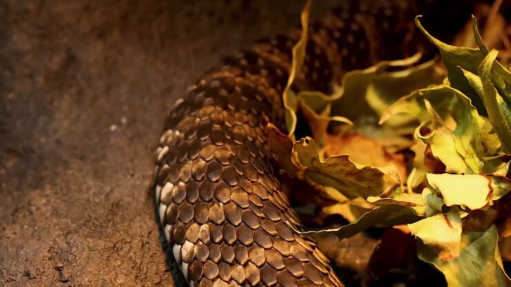 A detailed close-up view of a snake's textured scales slithering past dried green foliage