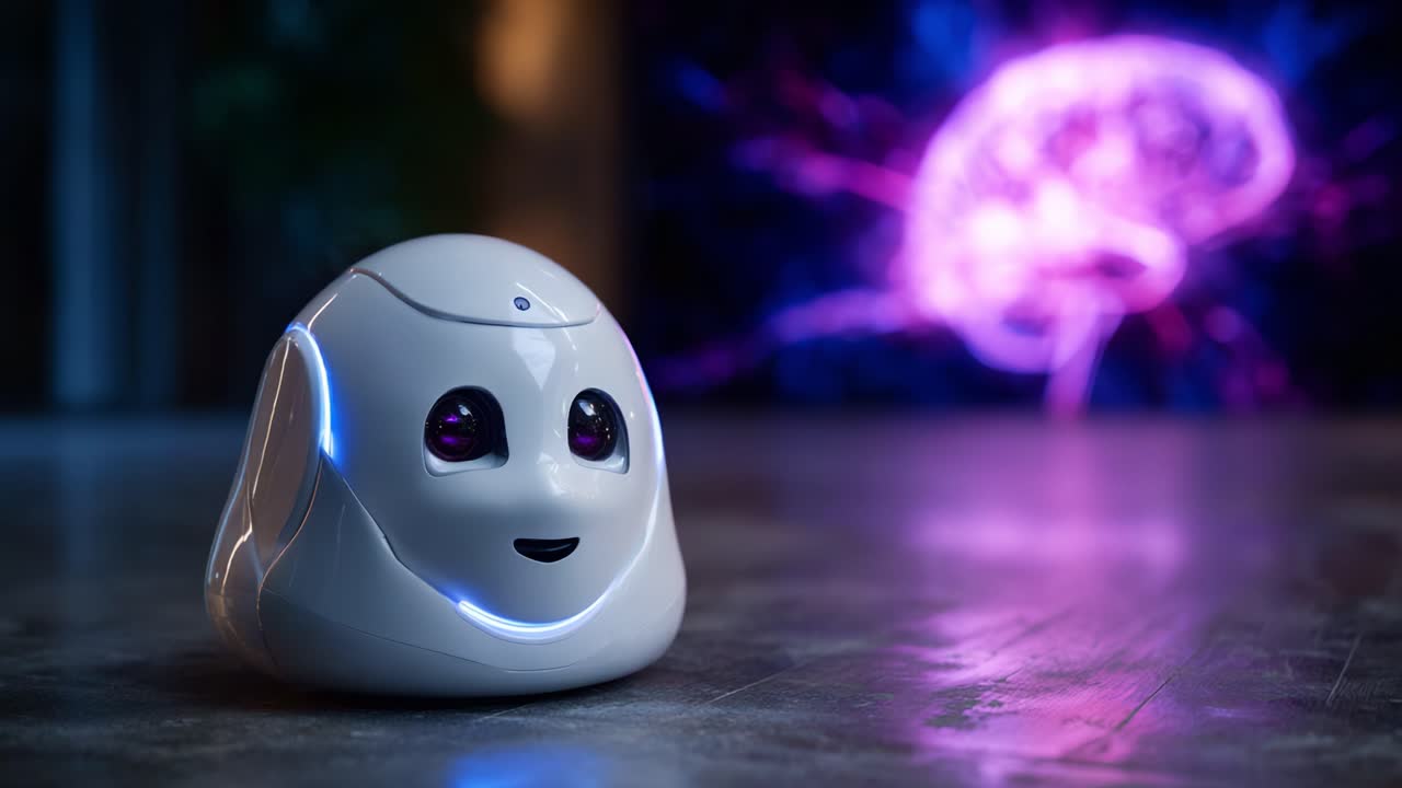 Leikkisä ilme älykkäällä robotilla eloisan aivovisualisoinnin edessä, mikä esittelee teknologian ja tekoälyn risteyskohdan