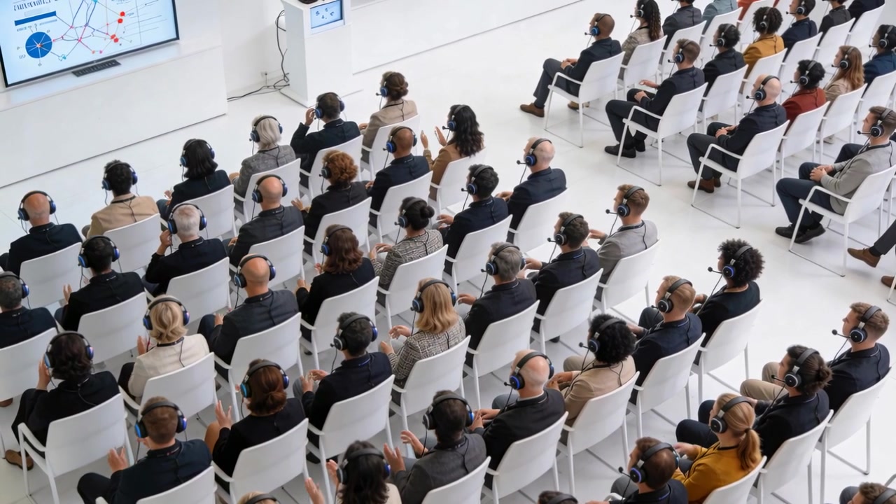 Una diapositiva appare, mentre il pubblico in blazer si sporge e si sistema le cuffie in una sala riunioni con sedie.