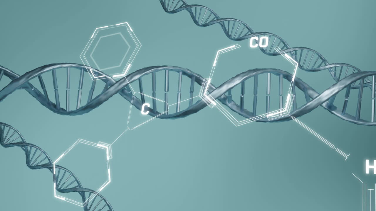 Animazione di elaborazione dati scientifici su filamenti di DNA in rotazione