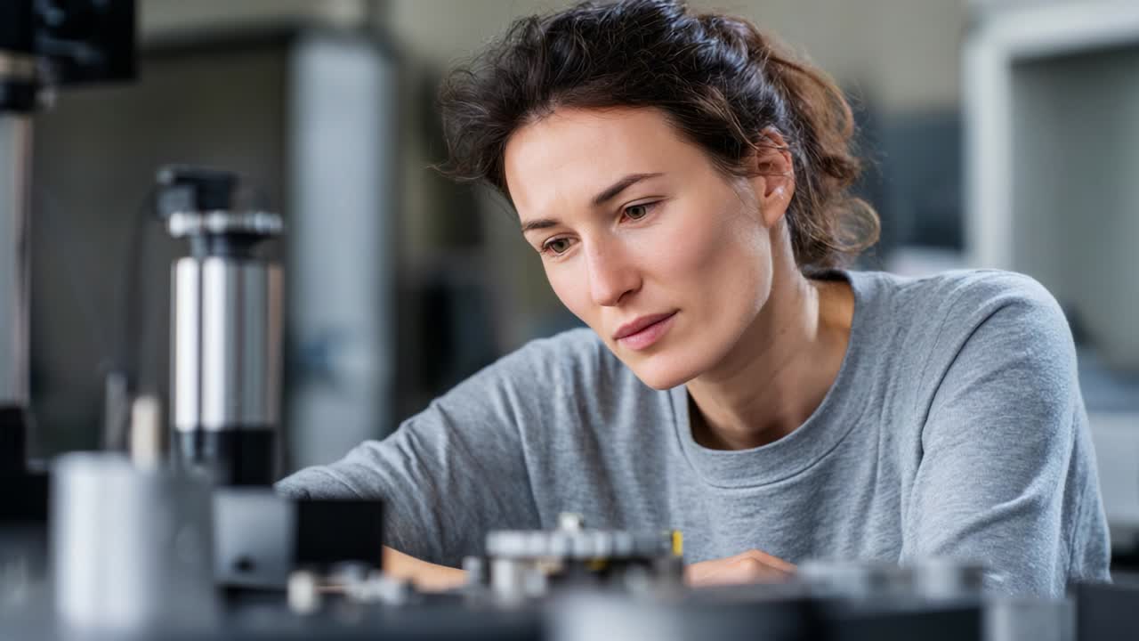 Focused Engineer Analyzing Mechanical Components and Prototypes in a High-Tech Laboratory Setting, Integrating Innovation and Precision in Modern Design as She Works on Complex Machinery Projects