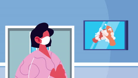 paciente femenina con máscara médica para covid-19 con recomendación de lavado de manos