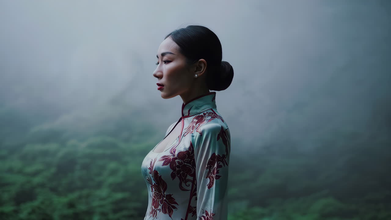 Elegant Asian Woman in Traditional Dress, Misty Forest