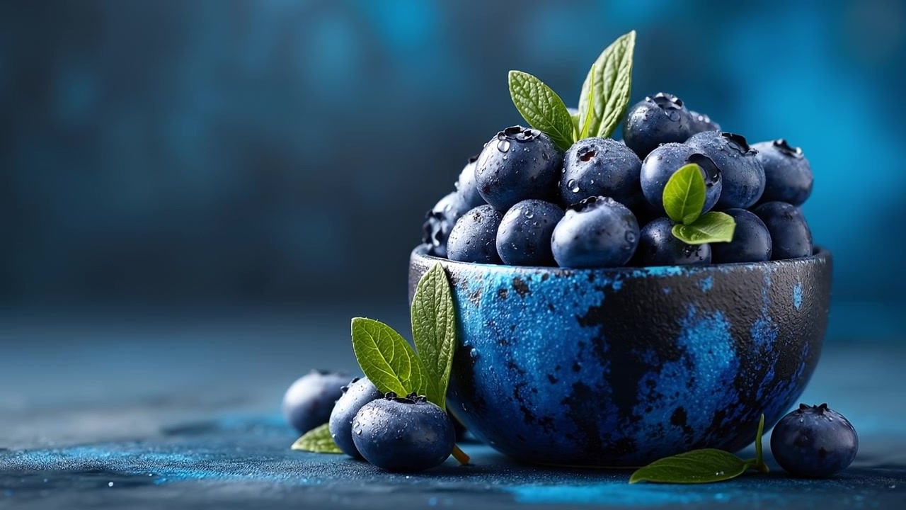 Mirtilli freschi e maturi ammucchiati in una ciotola di ceramica blu rustica su una superficie scura
