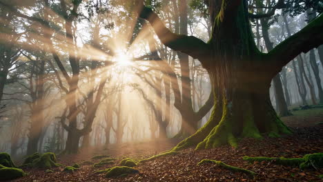la luz del sol a través de un bosque de niebla