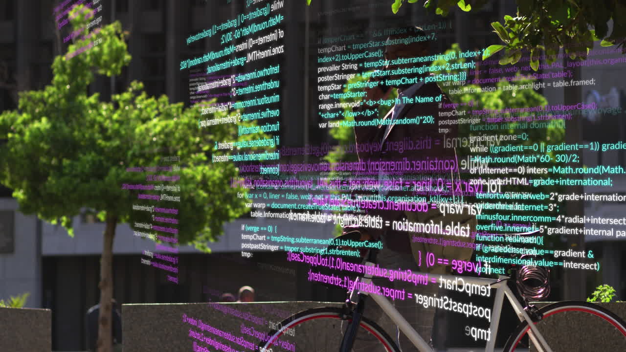 animación del procesamiento de datos sobre hombres afroamericanos que caminan.