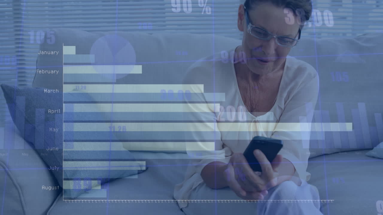 Animation of financial data processing over senior caucasian woman using smartphone