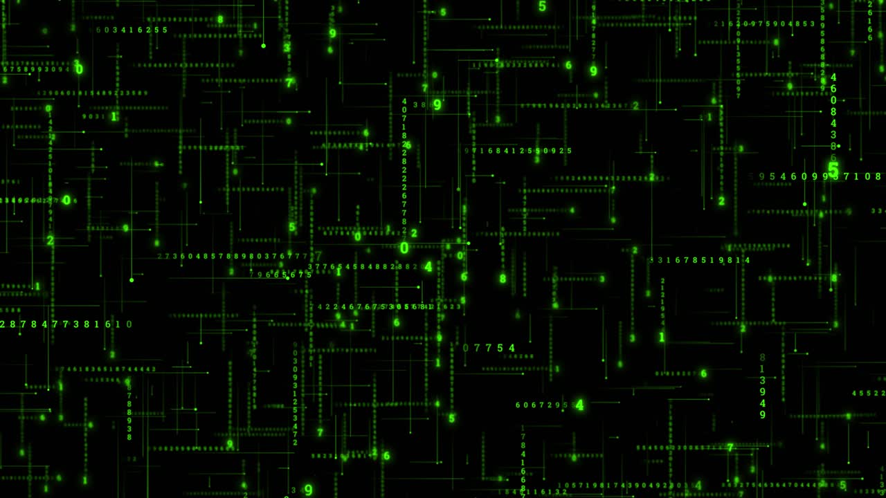 Animation shows glowing binary code moving across digital space data transmission cyber networks