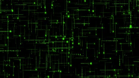 animation shows glowing binary code moving across digital space data transmission cyber networks