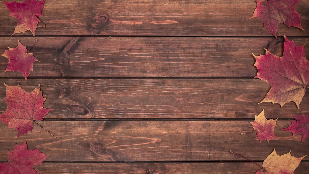 seamless stop motion animation with red dry leaves on dark brown wooden background. beautiful autumn composition as a frame with copy space